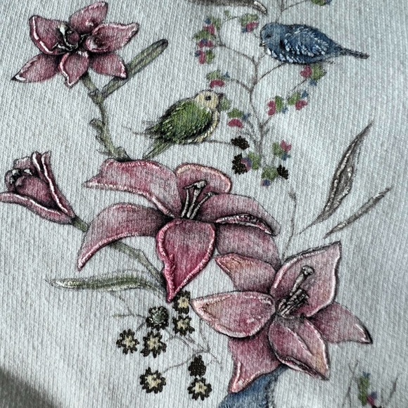 90s Northern Reflections Floral Lily Nature Bird Print Cream Knit Trim Sweater - Picture 4 of 8